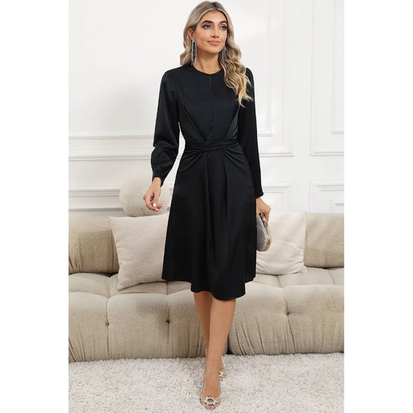 Black Twist Front Tie Back Long Sleeve Satin Dress - Picture 12 of 16